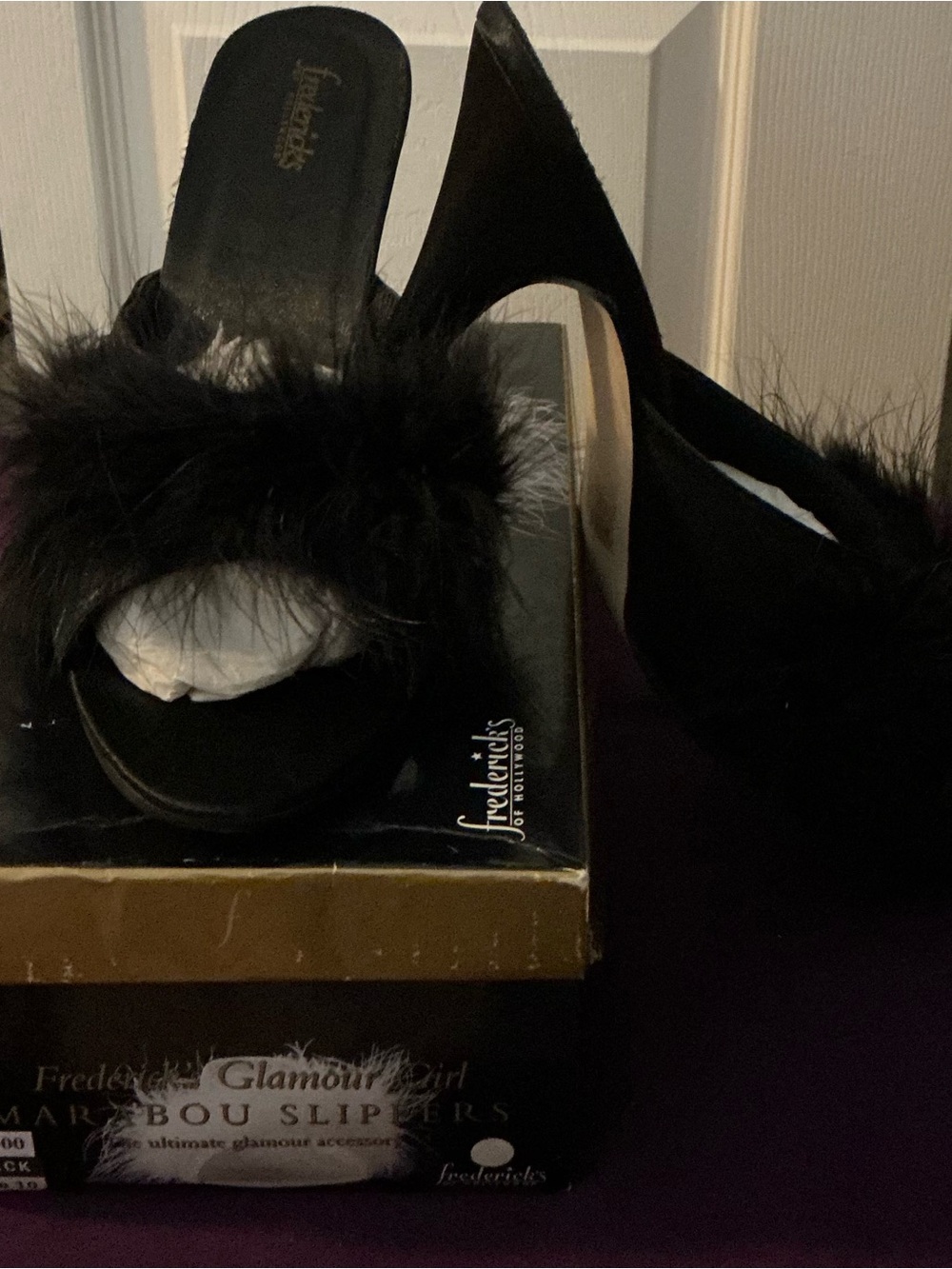 Frederick's of Hollywood Black Feather Slide Slippers